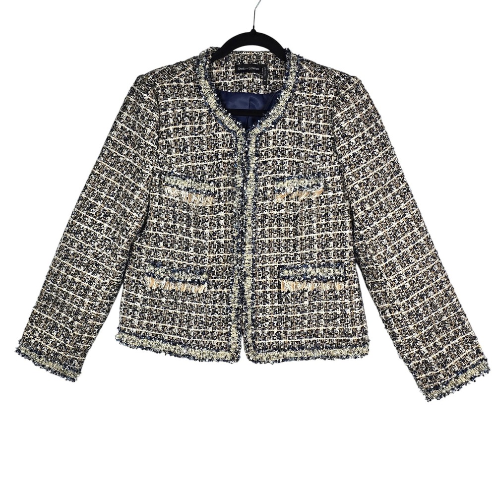 Stella‎ + Lorenzo Womens Jacket Medium Navy Blue Gold Tweed Pearl Embellished